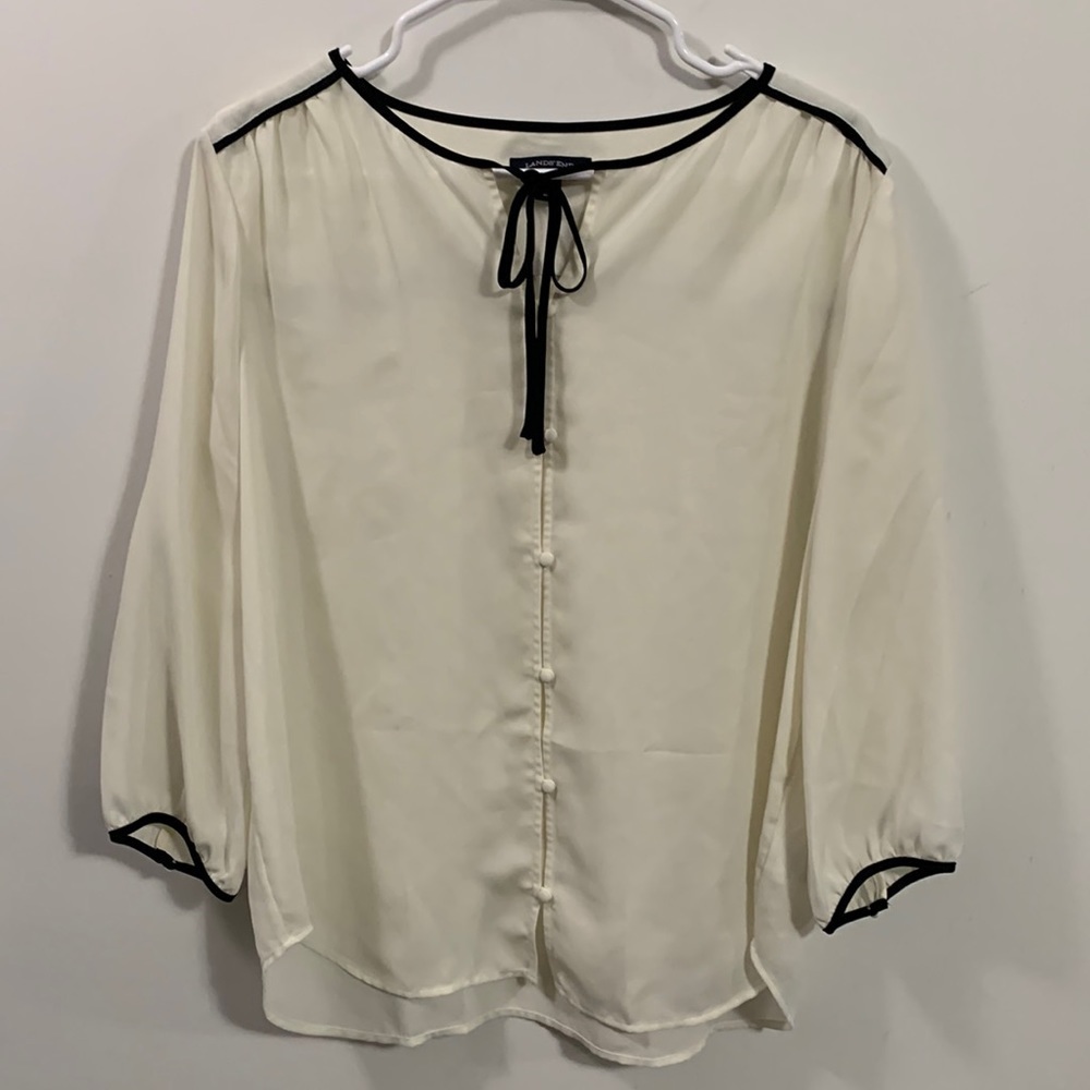 Land’s End beautiful off white blouse with black trim, Size 12, 3/4 sleeves